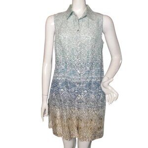 CHICO'S Linen/Flax Top, 1/M, Ombre, Tan/Blue, Collar/Buttons, Sleeveless, Slit